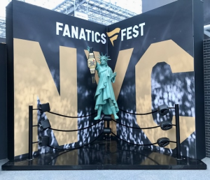 The Statue of Liberty holds up the WWE championship belt at Fanatics Fest NYC 2025 in Manhattan