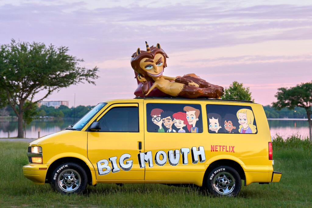 Netflix brand activation "Big Mouth Swallows America Tour" vehicle with character sculptures